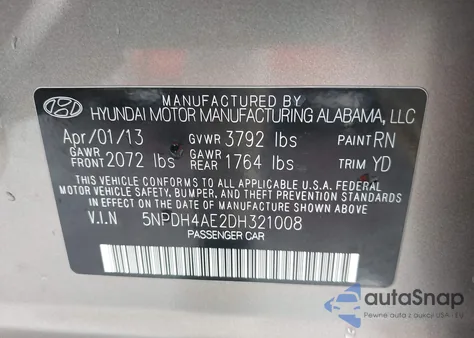 2013 Hyundai Elantra Gls z USA, uszkodzony, nr VIN 5NPDH4AE2DH321008